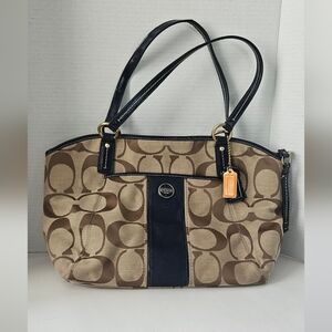 Coach Navy Signature Stripe Pocket Tote Shoulder Bag